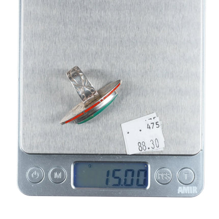 sz8.75 Ken Romero Taos/Laguna sterling silver, turquoise, coral inlay ring