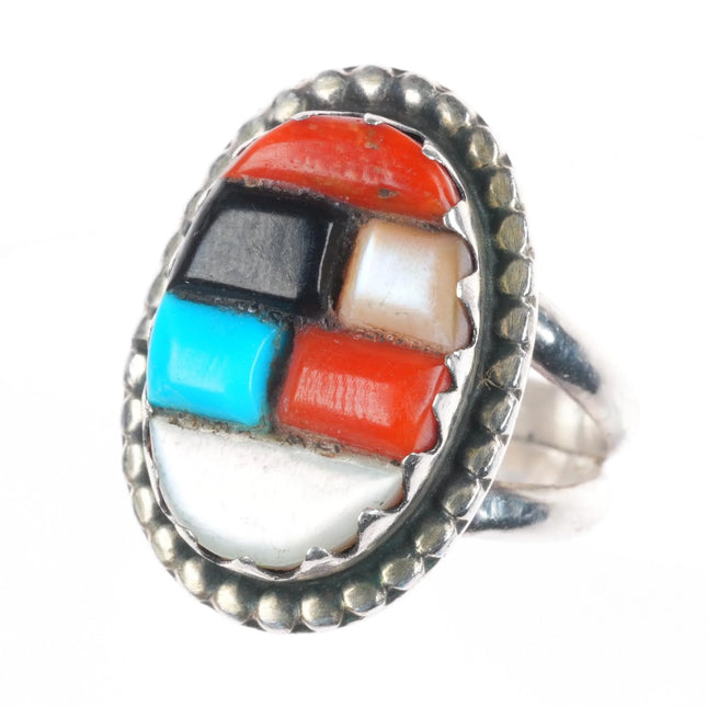 sz6 Vintage Native American sterling silver, turquoise, coral corn row ring