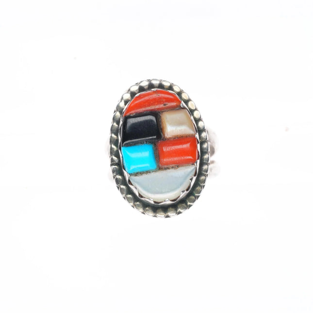 sz6 Vintage Native American sterling silver, turquoise, coral corn row ring
