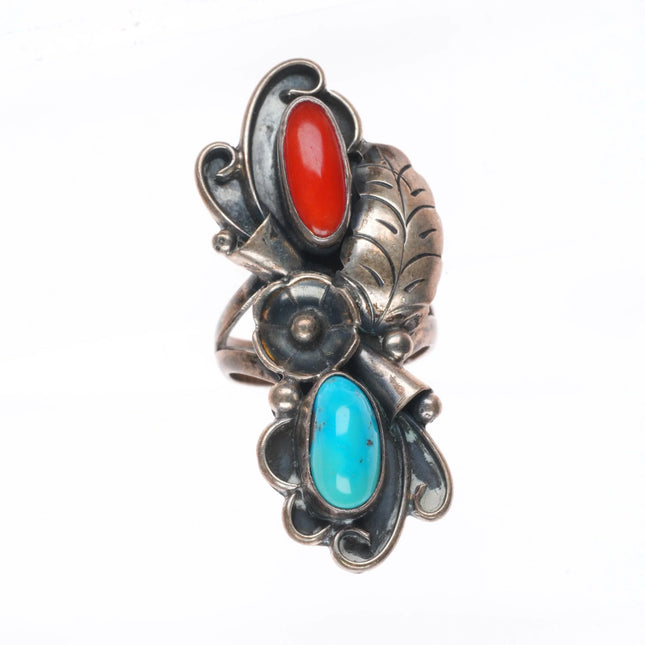 sz6.5 Phil Chapo Navajo vintage sterling silver, turquoise, coral long ring
