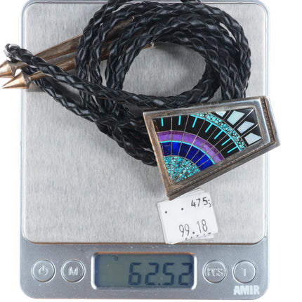 C Panteah Zuni sterling silver, opal, sugilite, turquoise micro-inlay bolo tie
