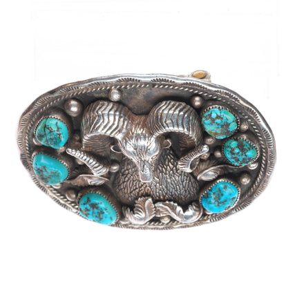 Vintage Navajo sterling silver 3D ram bust belt buckle with turquoise