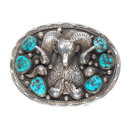 Vintage Navajo sterling silver 3D ram bust belt buckle with turquoise
