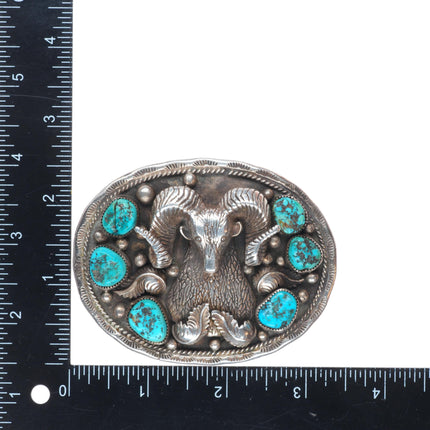 Vintage Navajo sterling silver 3D ram bust belt buckle with turquoise