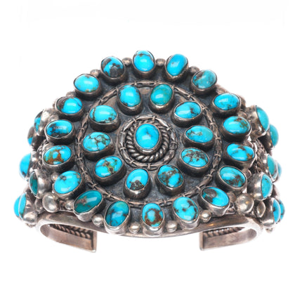6.4" c1940's Zuni sterling silver big high grade turquoise cluster cuff bracelet