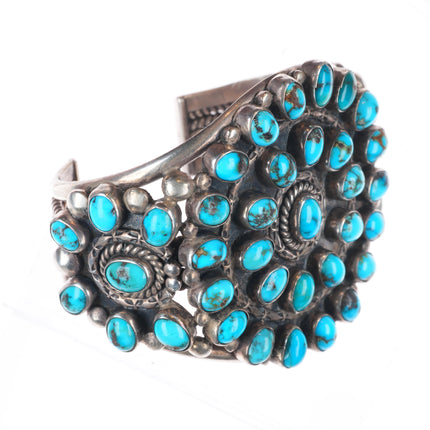 6.4" c1940's Zuni sterling silver big high grade turquoise cluster cuff bracelet