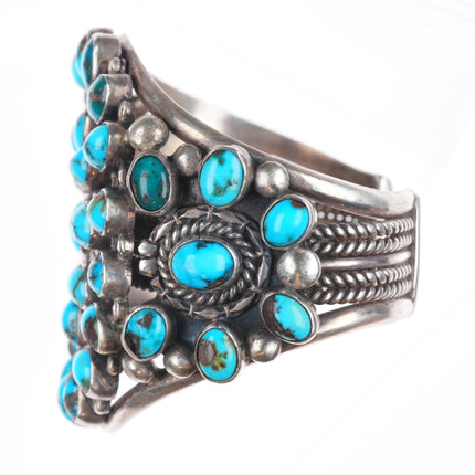 6.4" c1940's Zuni sterling silver big high grade turquoise cluster cuff bracelet