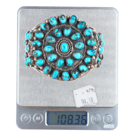 6.4" c1940's Zuni sterling silver big high grade turquoise cluster cuff bracelet