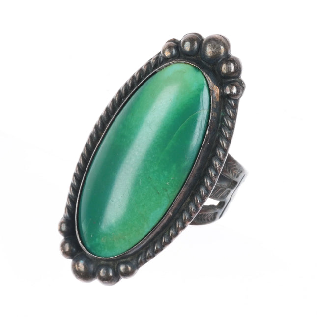 sz5.25 1940's Navajo/Fred Harvey sterling silver green turquoise long ring