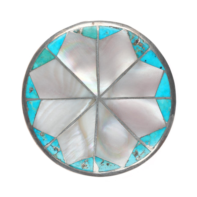 c1950's Vintage Zuni sterling silver turquoise/mother of pearl inlay pin/brooch