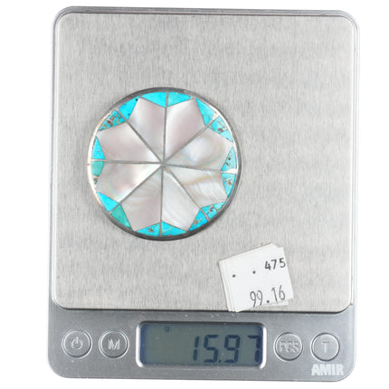 c1950's Vintage Zuni sterling silver turquoise/mother of pearl inlay pin/brooch