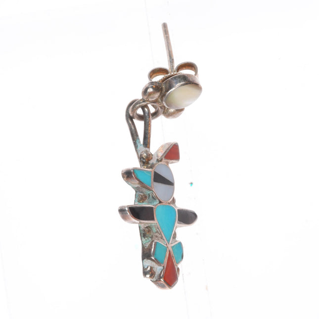 Vintage Zuni sterling silver stone inlay thunderbird earrings turquoise/coral