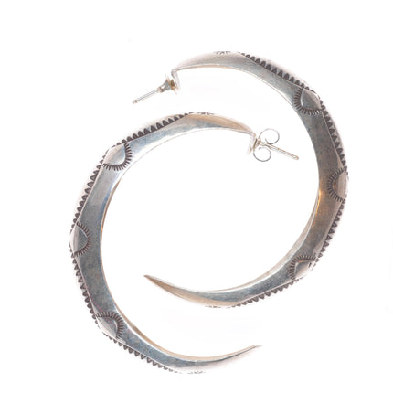 Vintage Navajo hand stamped sterling silver large hoop earrings