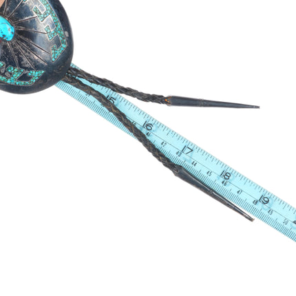 c1970 Navajo Vintage sterling silver large chip inlay turquoise bolo tie
