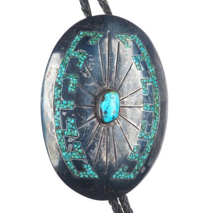 c1970 Navajo Vintage sterling silver large chip inlay turquoise bolo tie