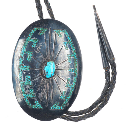 c1970 Navajo Vintage sterling silver large chip inlay turquoise bolo tie