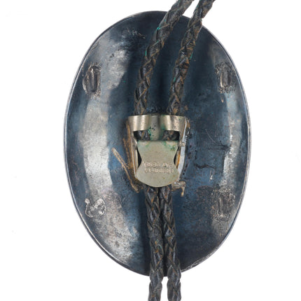 c1970 Navajo Vintage sterling silver large chip inlay turquoise bolo tie