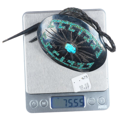 c1970 Navajo Vintage sterling silver large chip inlay turquoise bolo tie