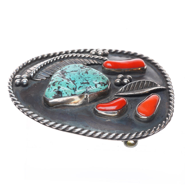 Vintage Navajo sterling silver, turquoise, coral feather applied belt buckle
