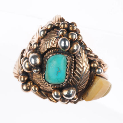 sz10 Large vintage Navajo gold filled sterling silver turquoise/bone inlay ring