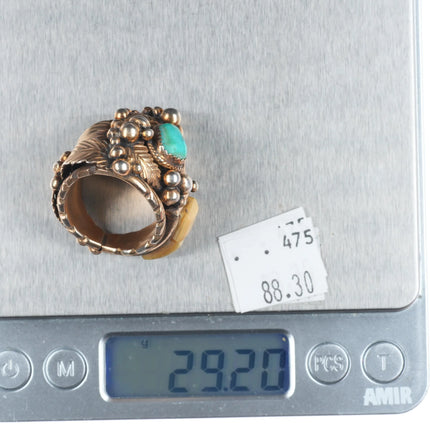 sz10 Large vintage Navajo gold filled sterling silver turquoise/bone inlay ring