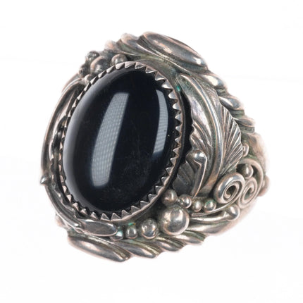 sz11 Vintage SC Navajo sterling silver onyx ring c1980 feather design applique