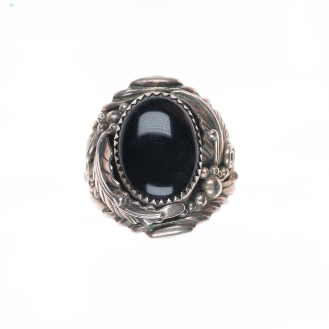 sz11 Vintage sC Navajo sterling silver onyx ring c1980 feather design applique