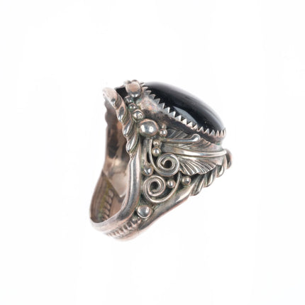 sz11 Vintage SC Navajo sterling silver onyx ring c1980 feather design applique