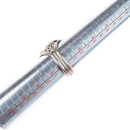 sz11 Vintage SC Navajo sterling silver onyx ring c1980 feather design applique