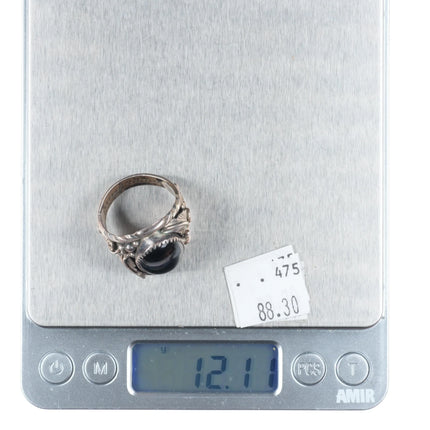 sz11 Vintage SC Navajo sterling silver onyx ring c1980 feather design applique