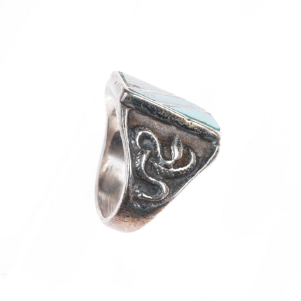 sz10 Vintage Zuni sterling silver turquoise inlay snakes/Saguaro cacti ring