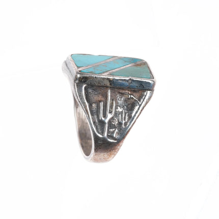 sz10 Vintage Zuni sterling silver turquoise inlay snakes/Saguaro cacti ring