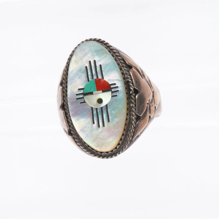 sz13 Hustito Zuni sterling silver MOP sunface inlay turquoise/coral ring