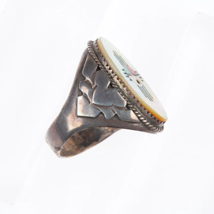 sz13 Hustito Zuni sterling silver MOP sunface inlay turquoise/coral ring