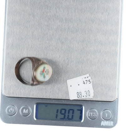 sz13 Hustito Zuni sterling silver MOP sunface inlay turquoise/coral ring