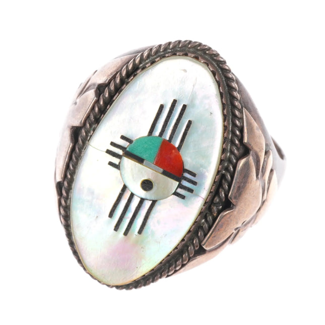 sz13 Hustito Zuni sterling silver MOP sunface inlay turquoise/coral ring