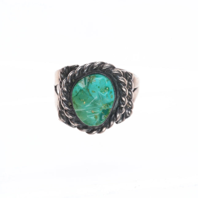 sz11 Vintage Zuni sterling silver carved green turquoise ring