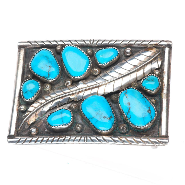 Vintage Zuni sterling silver turquoise cluster feather belt buckle