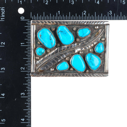 Vintage Zuni sterling silver turquoise cluster feather belt buckle
