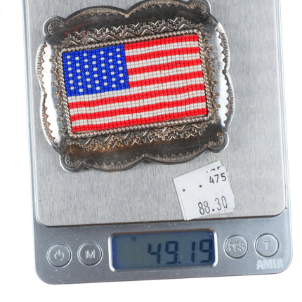 Vintage Navajo sterling silver US American flag beadwork belt buckle
