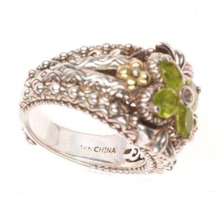 sz8 Barbara Bixby 18k gold/Sterling silver peridot floriform ring size 8