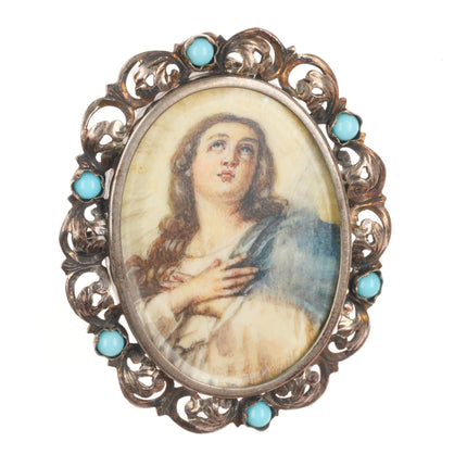 2 Italian 800 silver hand painted Mary/Madonna portrait pendant/pins sterling