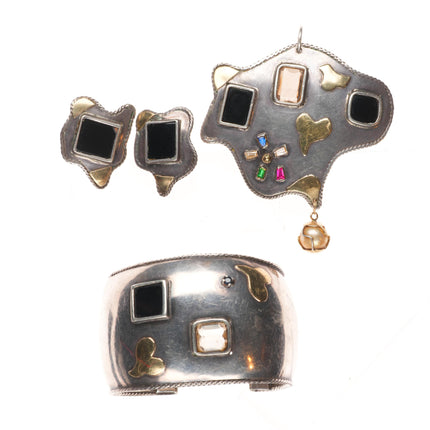 6.75" 14k gold/Sterling silver Gemset cuff bracelet, earrings, pendant set