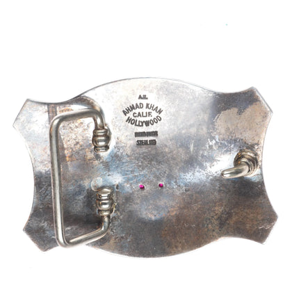Ahmad Khan Hand Engraved sterling silver longhorn belt buckle with ruby eyes