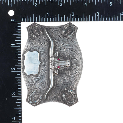 Ahmad Khan Hand Engraved sterling silver longhorn belt buckle with ruby eyes