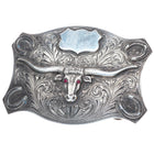 Ahmad Khan Hand Engraved sterling silver longhorn belt buckle with ruby eyes