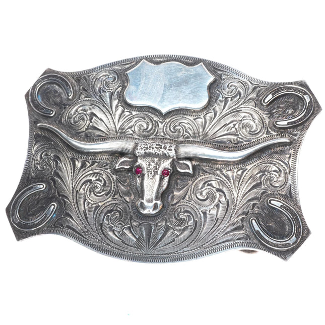 Ahmad Khan Hand Engraved sterling silver longhorn belt buckle with ruby eyes