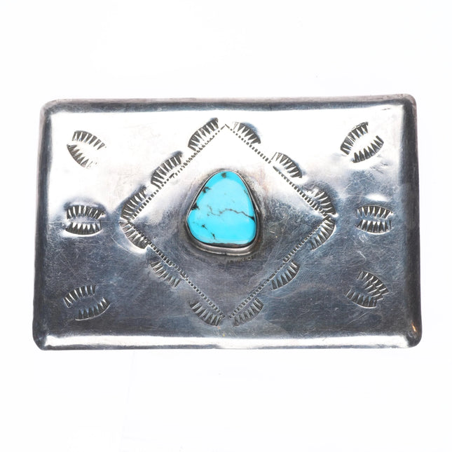Vintage Navajo stamped sterling silver square belt buckle with turquoise