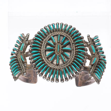 6.5" Vintage Bellson Zuni sterling silver needlepoint turquoise cuff bracelet