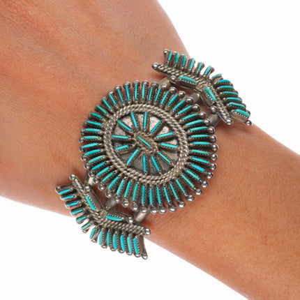 6.5" Vintage Bellson Zuni sterling silver needlepoint turquoise cuff bracelet